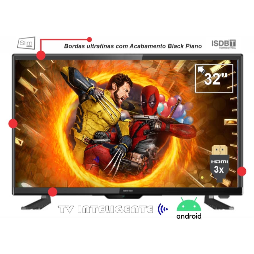 Smart TV 32 polegadas com tela de Deadpool e Wolverine, 3 HDMI, 2 USB, acabamento Black Piano