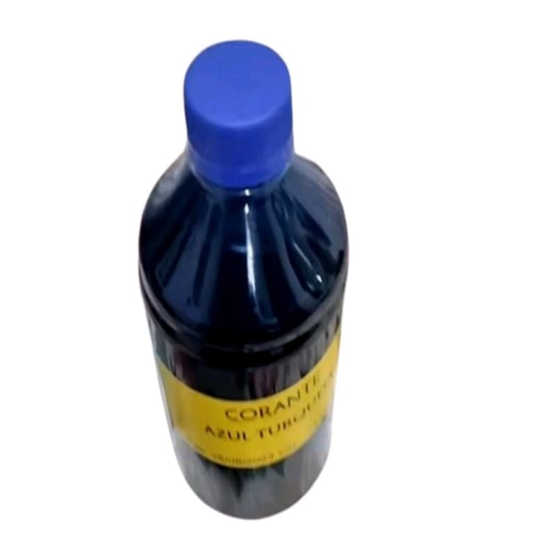 Frasco de corante azul 500ml com tampa azul e rótulo amarelo
