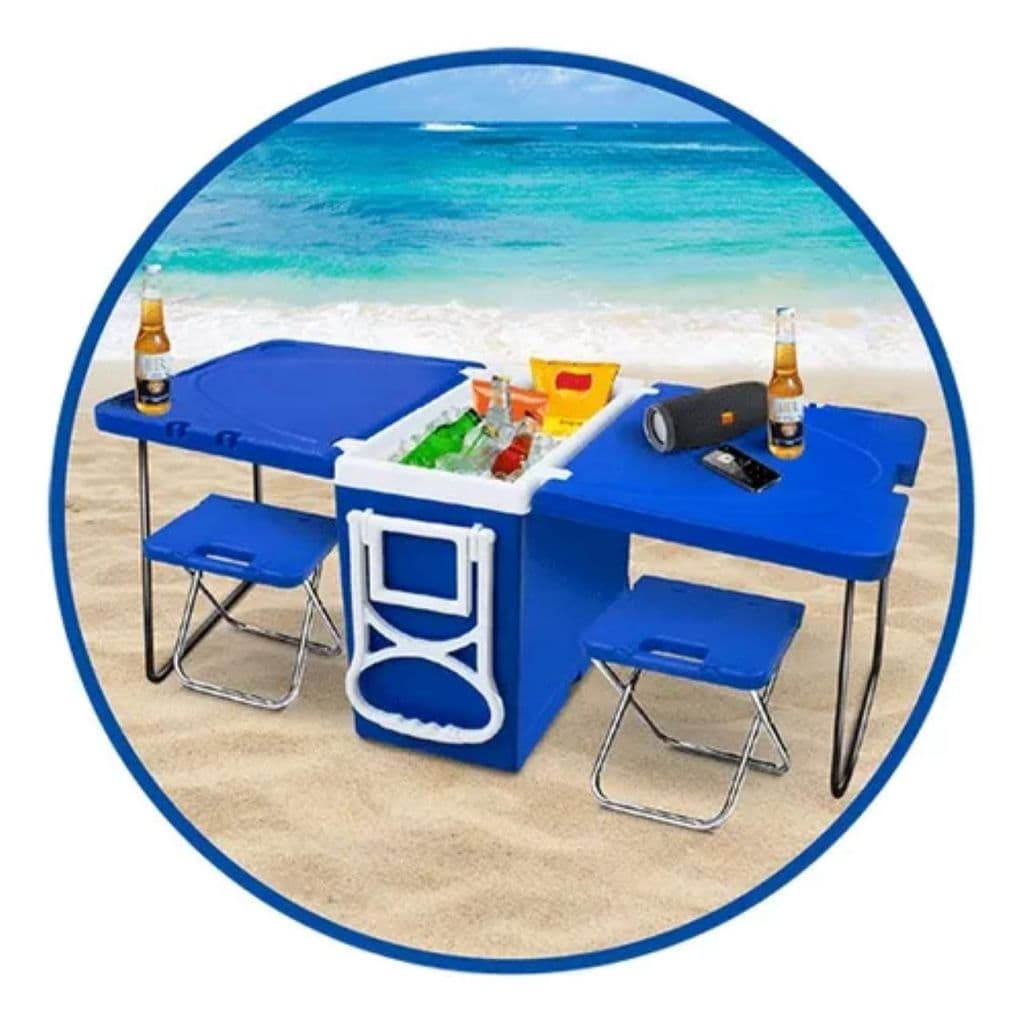 Mesa de praia com cooler multifuncional de 32 litros e dois bancos dobráveis em azul