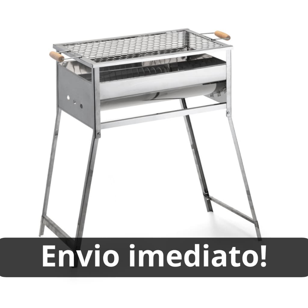 Churrasqueira grande portátil a carvão em aço inoxidável com grelha removível e compartimento para carvão, pronta para uso imediato.