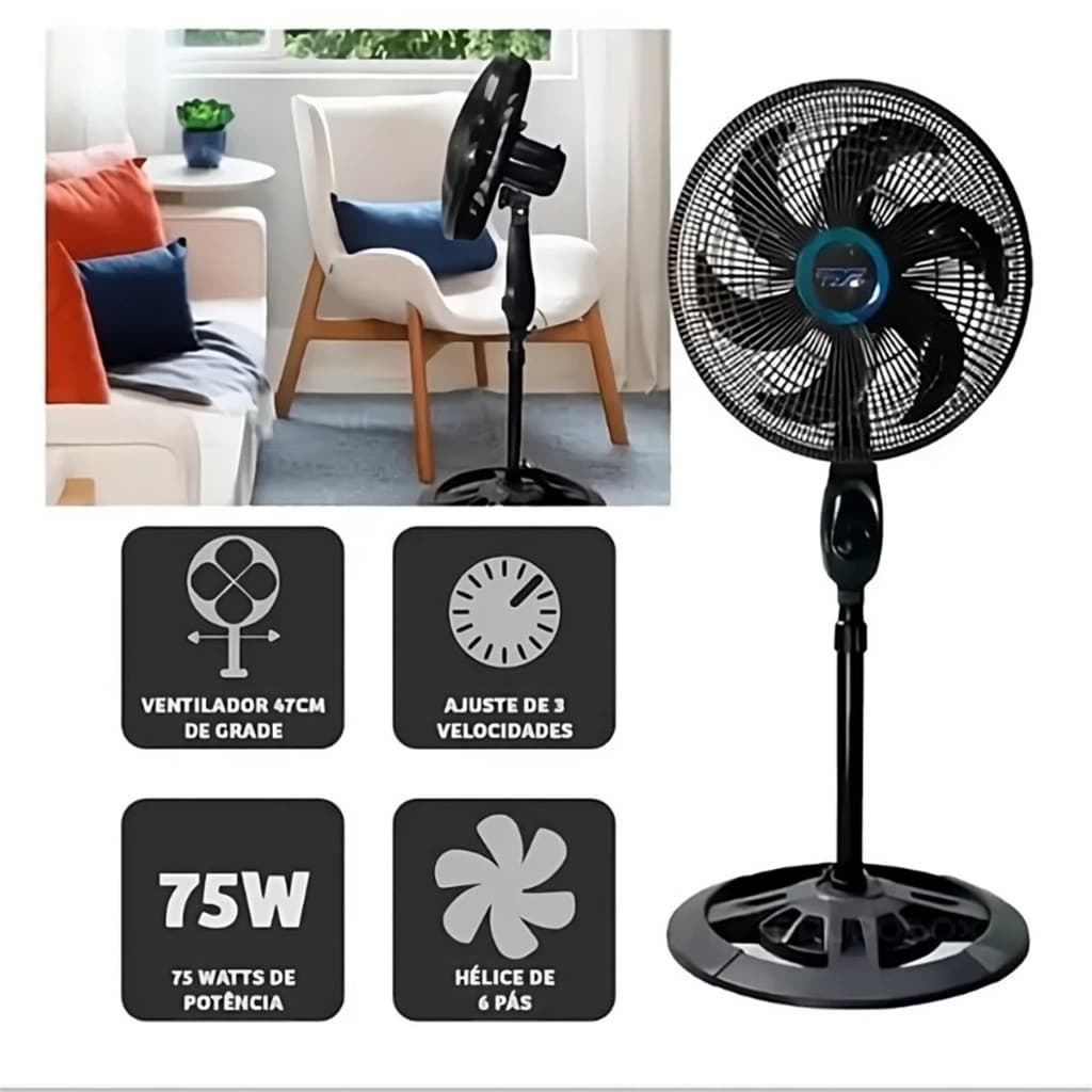 Ventilador de coluna preto 40cm com seis pás, 75W de potência, 3 velocidades, 40cm de altura
