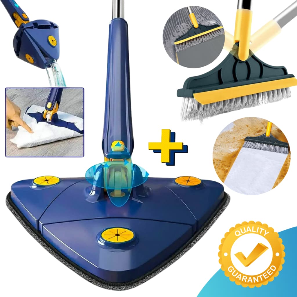 Kit de limpeza com esfregão triangular azul e amarelo, escova e selo de qualidade garantida.