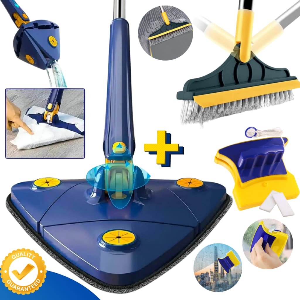 Conjunto de limpeza com mop giratório, escova e limpa vidros, azul e amarelo