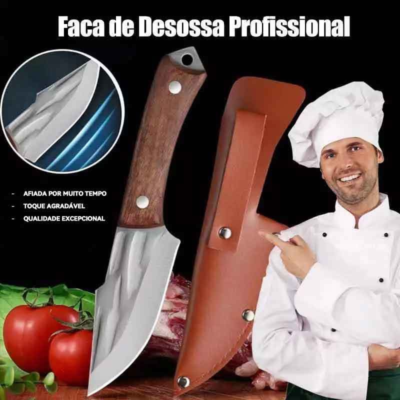 Faca de desossa profissional com cabo de madeira e bainha de couro, lâmina afiada e cabo com parafusos de fixação