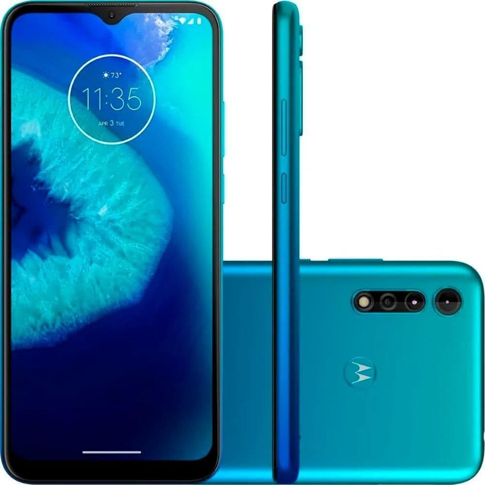 Motorola Moto G8 Power Lite 64gb azul com tela frontal e configuração de câmera traseira
