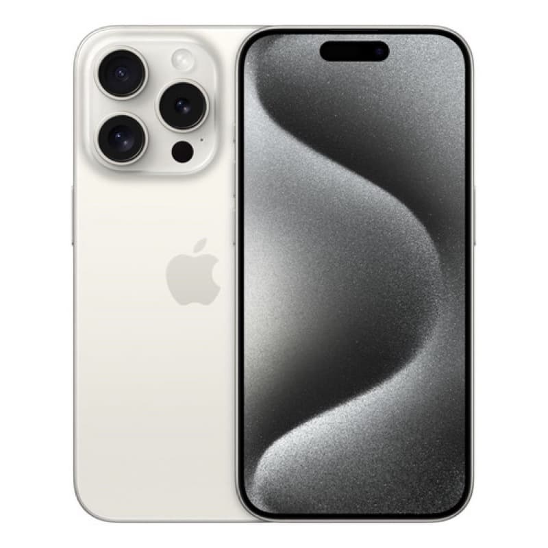 iPhone 15 Pro Max branco, vista lateral com câmeras e logotipo da Apple.