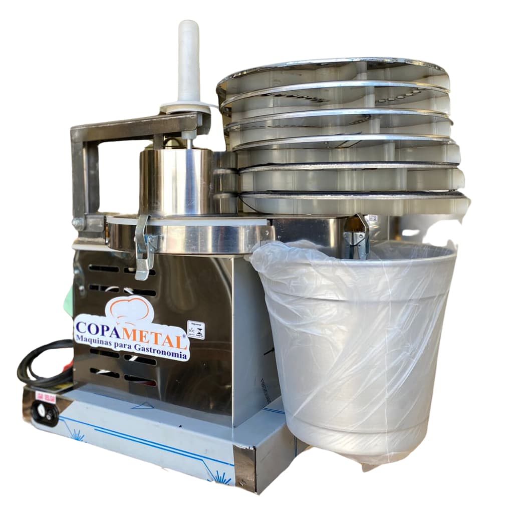 Multiprocessador industrial para ralar e cortar alimentos, aço inoxidável, logo COPA METAL, saco plástico transparente