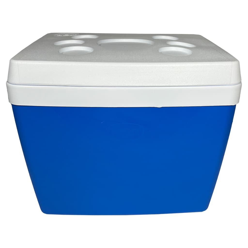 Caixa térmica azul e branca de 75 litros com seis compartimentos para garrafas