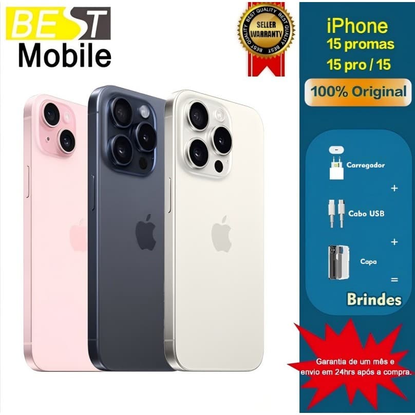 iPhone 15 rosa, preto e branco com 100% originalidade e brindes
