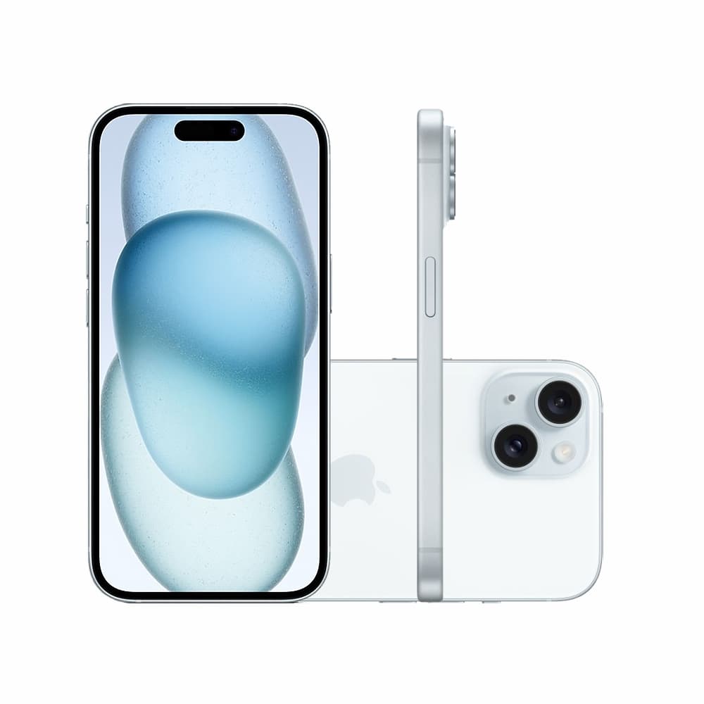 Imagem do iPhone 15 branco com câmera dupla e flash no verso, mostrando efeito de água na tela.