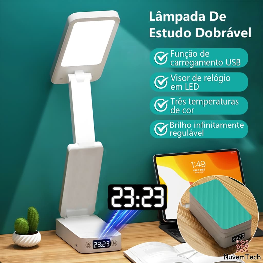 Luminária de mesa dobrável branca com visor digital e USB, sobre mesa de madeira
