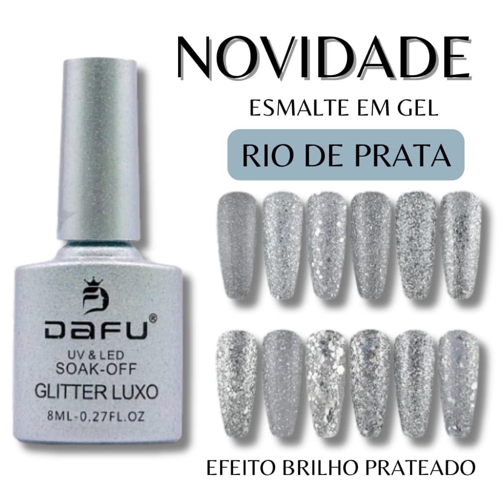 Esmalte em gel Rio de Prata Dafu 8ml Glitter Prateado UV/LED Anvisa