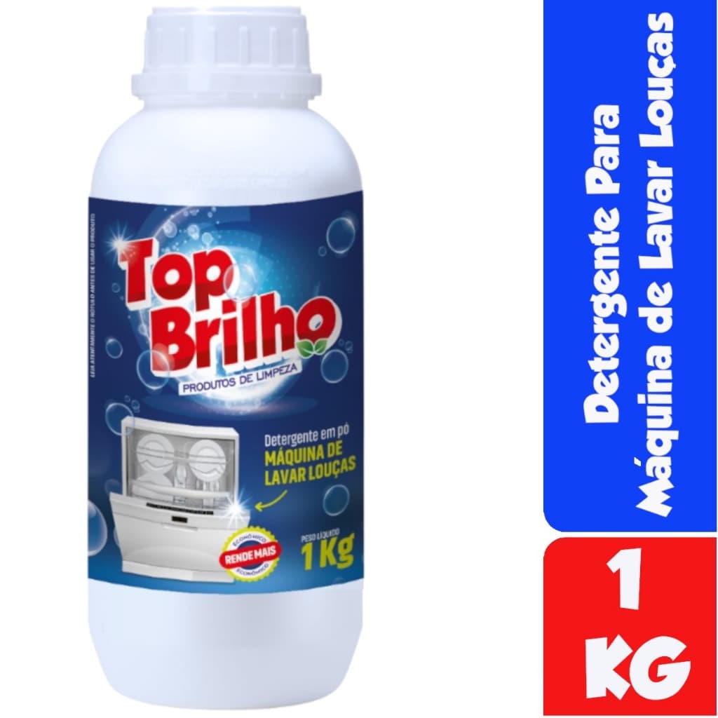 Detergente em pó Top Brilho 1kg para máquinas de lavar louças, frasco branco com etiqueta azul e vermelha