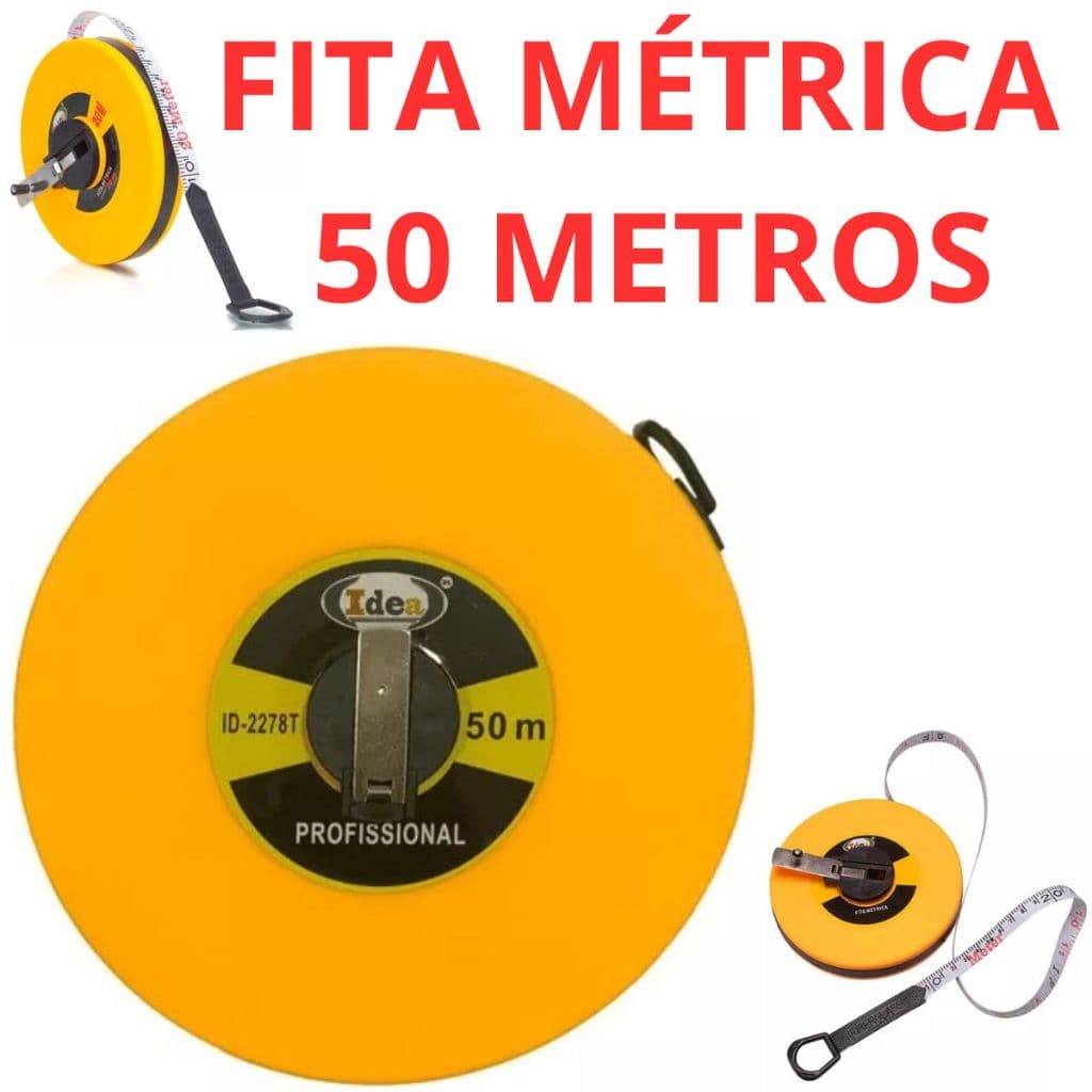 Fita métrica profissional de 50 metros, amarela, com manivela e etiquetas visíveis.