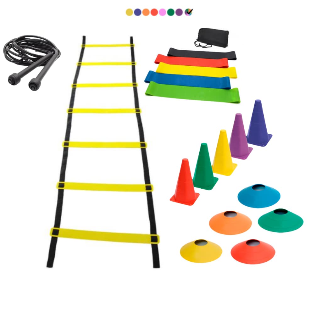 Kit Treino Funcional Escada 7 Degraus 5 Cones 5 Chapeus 5 Mini Bands 1 Corda de Pular