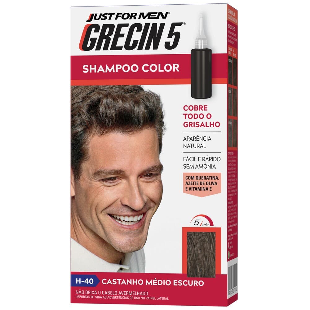 Grecin 5 Shampoo Tintura Tonalizante Castanho Médio Escuro H-40 60ml - Cobre os cabelos grisalhos em 5 minutos.