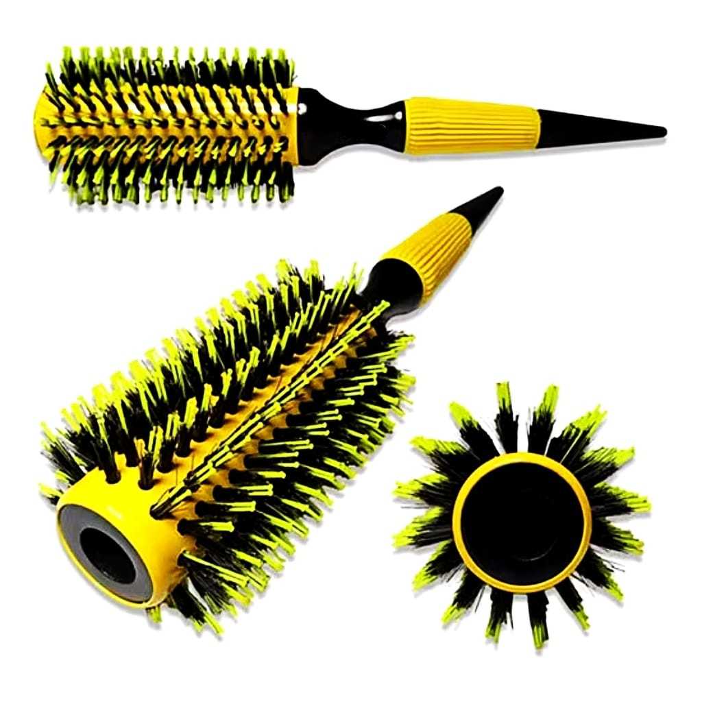 Escova De Cabelo Térmica Amarela Cerdas De Javali Mista Madeira