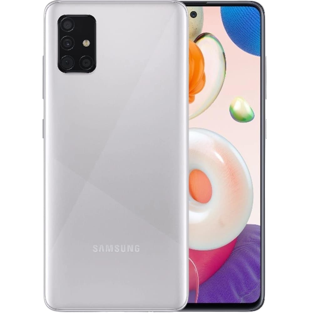 Smartphone Samsung Galaxy A51 SM-A515F 128GB cor prata, vista frontal com câmera quádrupla