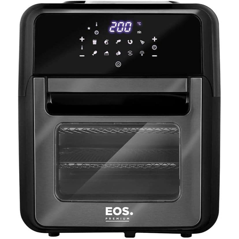 Fritadeira sem óleo EOS Premium 12L, cor preta, com display digital, vidro transparente e porta deslizante, fundo branco.