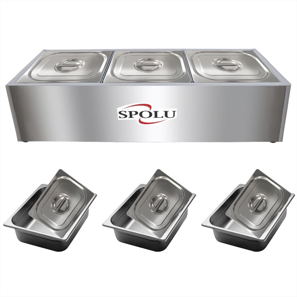 Rechaud elétrico inox 3 compartimentos, tampas rosqueadas, logo SPOLU, fundo branco, ideal para restaurantes e buffets