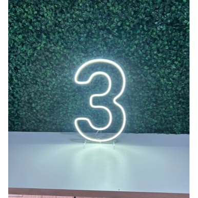 Número neon LED branco em forma de '3', iluminado contra um fundo verde de folhagem artificial