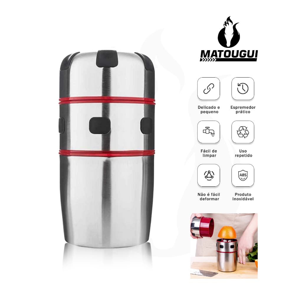 Extrator de suco manual em aço inoxidável com detalhes em vermelho, fácil de limpar e uso repetido