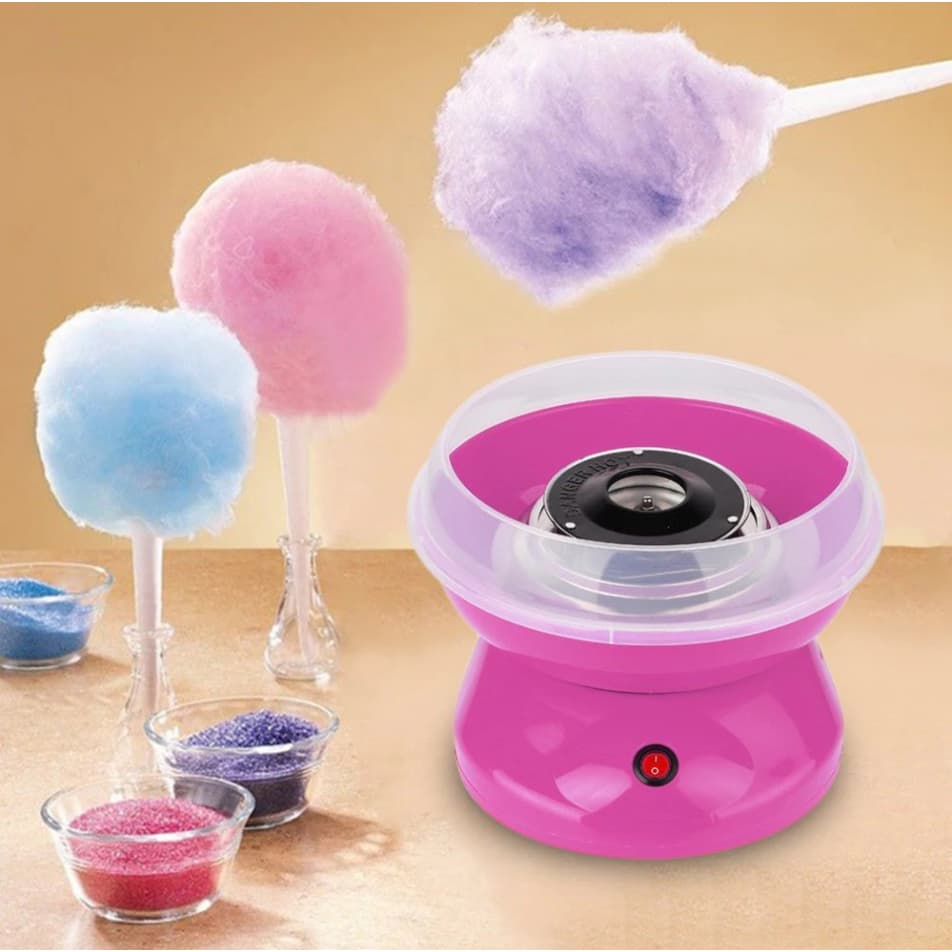 Mini máquina de algodão doce rosa portátil com algodões doces coloridos e recipientes de açúcar