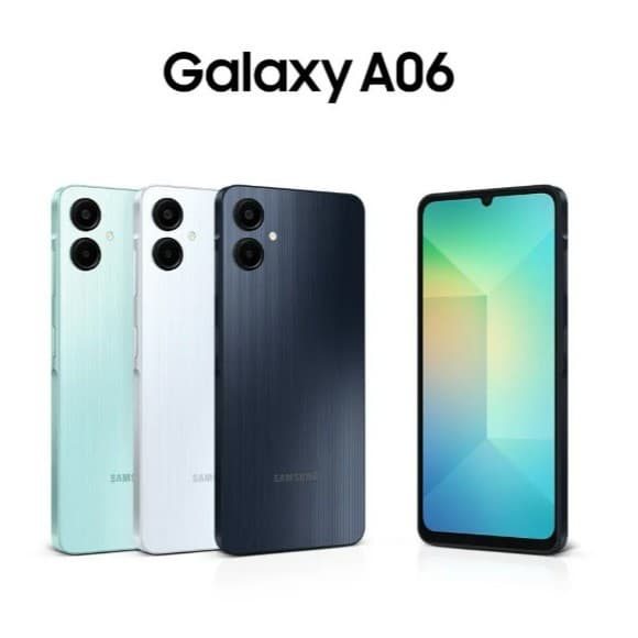 Smartphone Samsung Galaxy A06 em quatro cores: mint, branco, preto e cinza, com câmeras triplas e display AMOLED