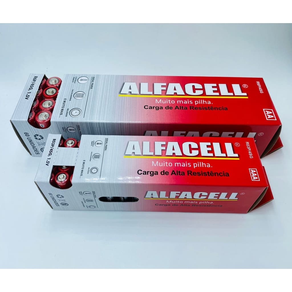 Kit de pilhas ALFACELL AA e AAA com caixas vermelhas em fundo branco