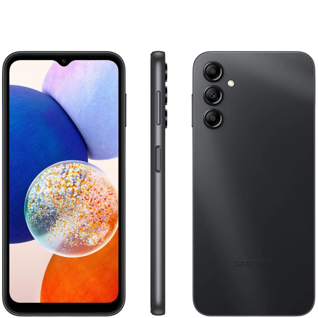 Smartphone Samsung Galaxy A14 128GB - Preto com tela multicolorida e câmera tripla