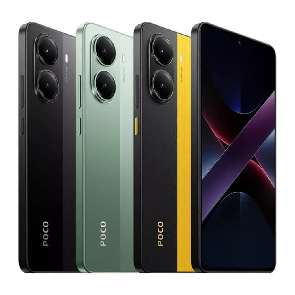 Smartphone Xiaomi Poco X7 Pro 5G NFC em quatro cores: preto, verde, preto com faixa amarela e preto com faixa preta.