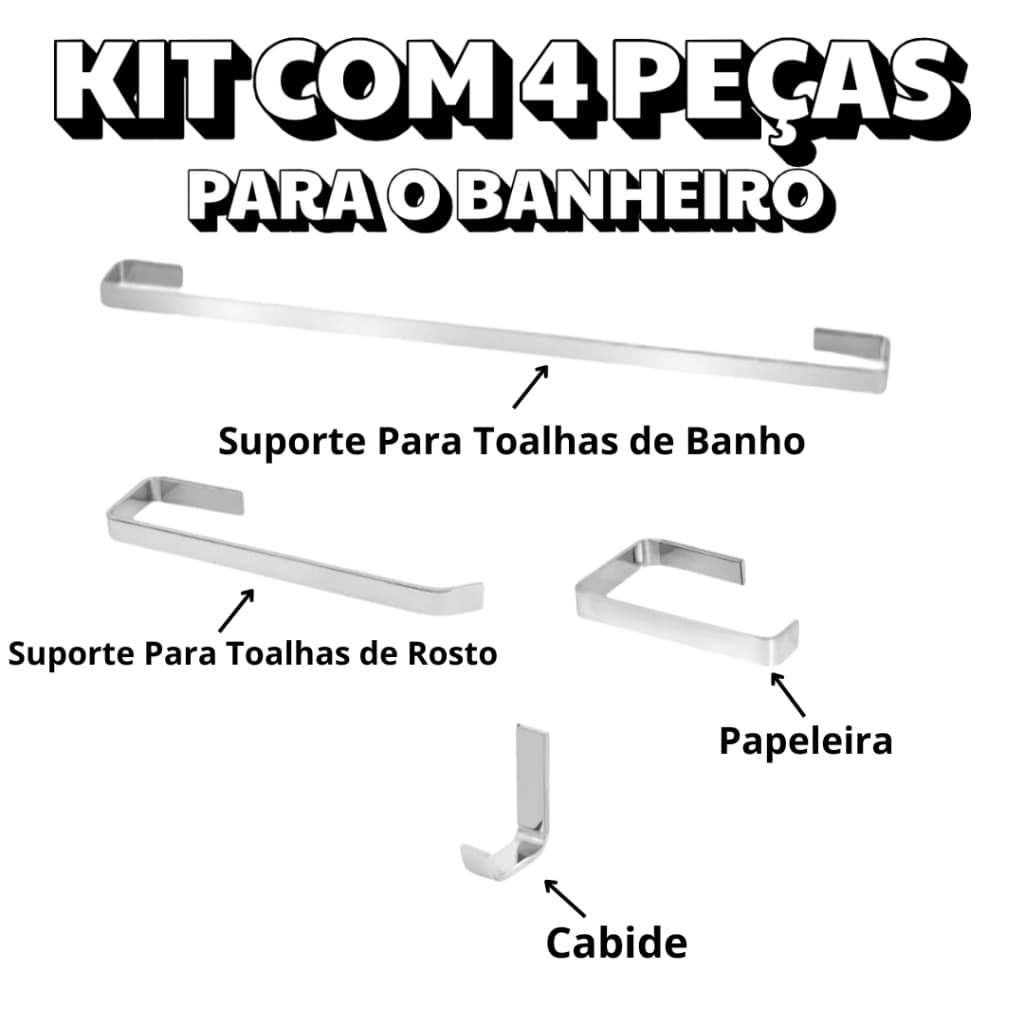 Kit Para Banheiro Acessórios 4 Peças Modelo Quadrado 5 Anos Garantia Acompanha kit Instalação