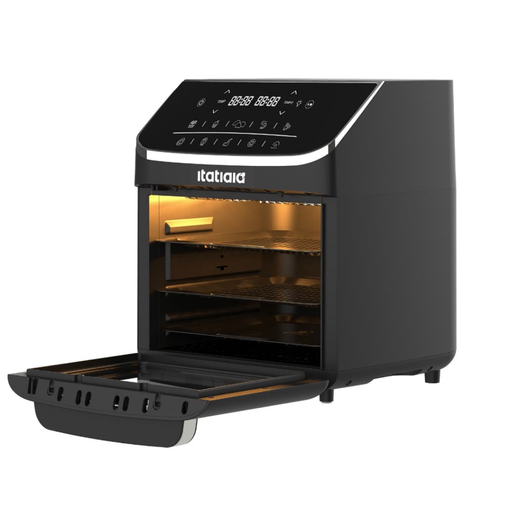 Fritadeira Elétrica Air Fryer Forno e Desidratador Itatiaia 12 Litros 4 em 1 Digital, cor preta, com porta aberta.
