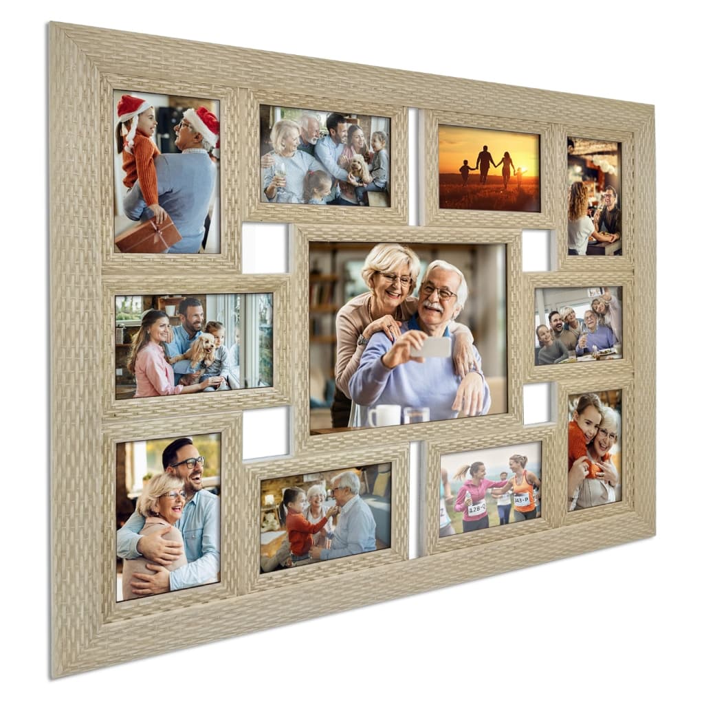 Painel para fotos com moldura em madeira bege para 11 fotos