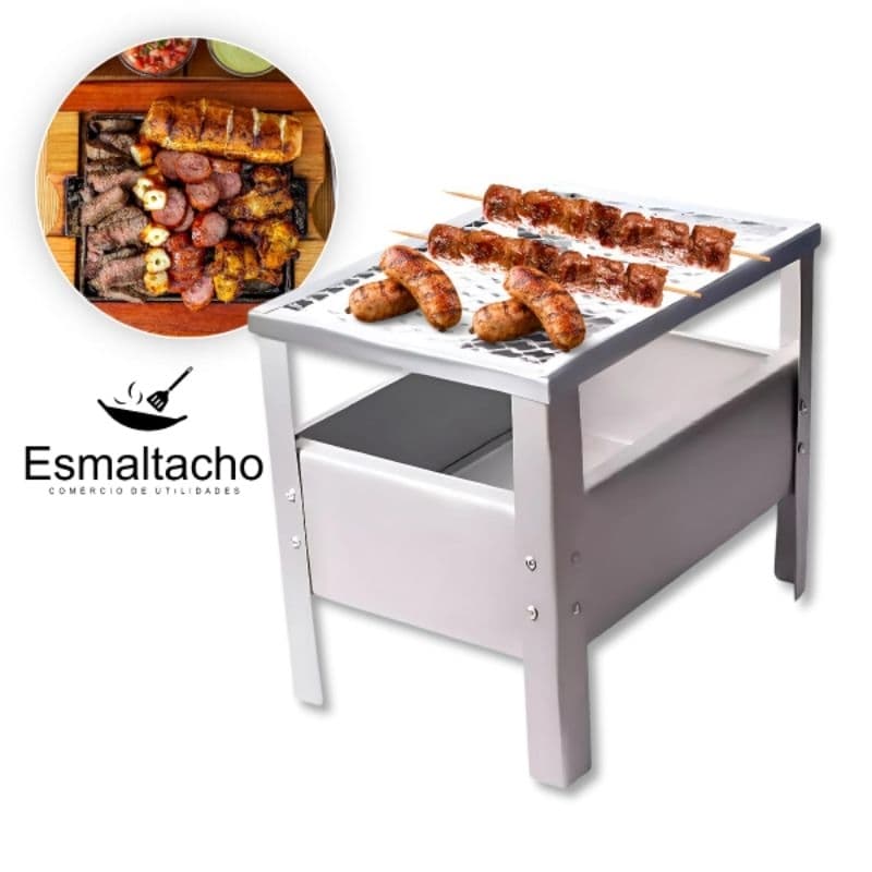Churrasqueira Mini Campeira Movel Churraskita Inox Portátil com grelha e compartimento inferior, em fundo branco.