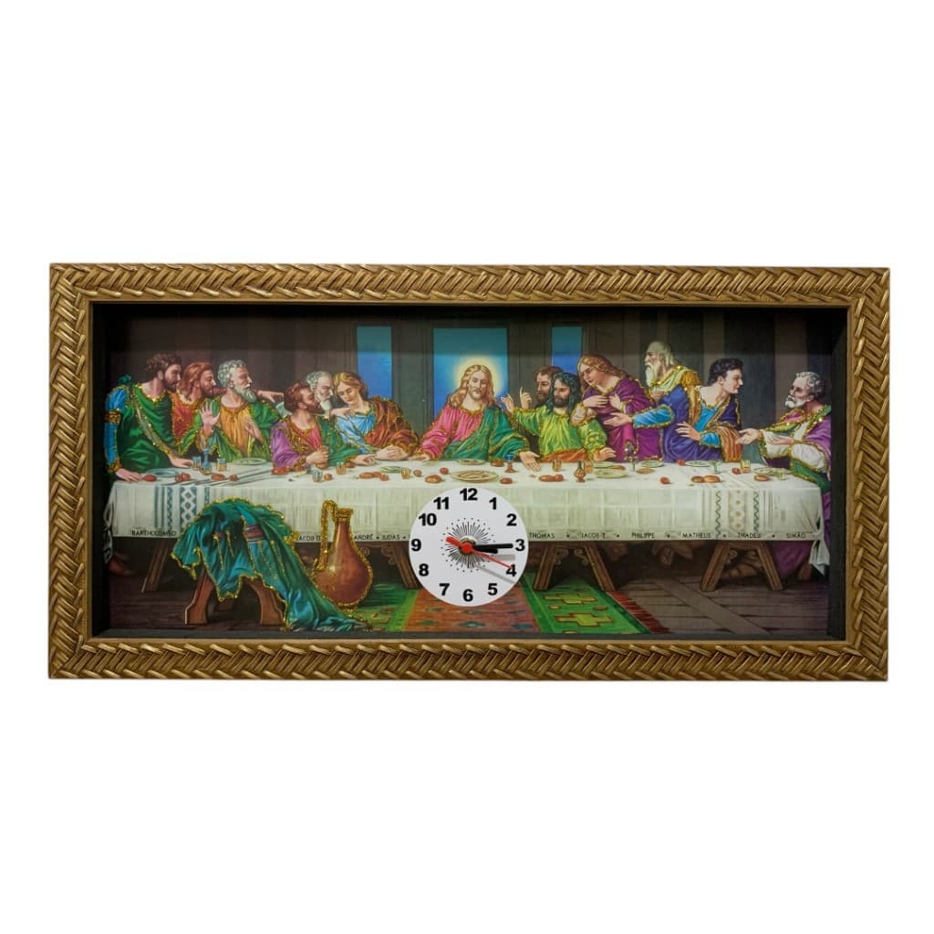 Quadro decorativo Santa Ceia com relógio 25x55cm com vidro