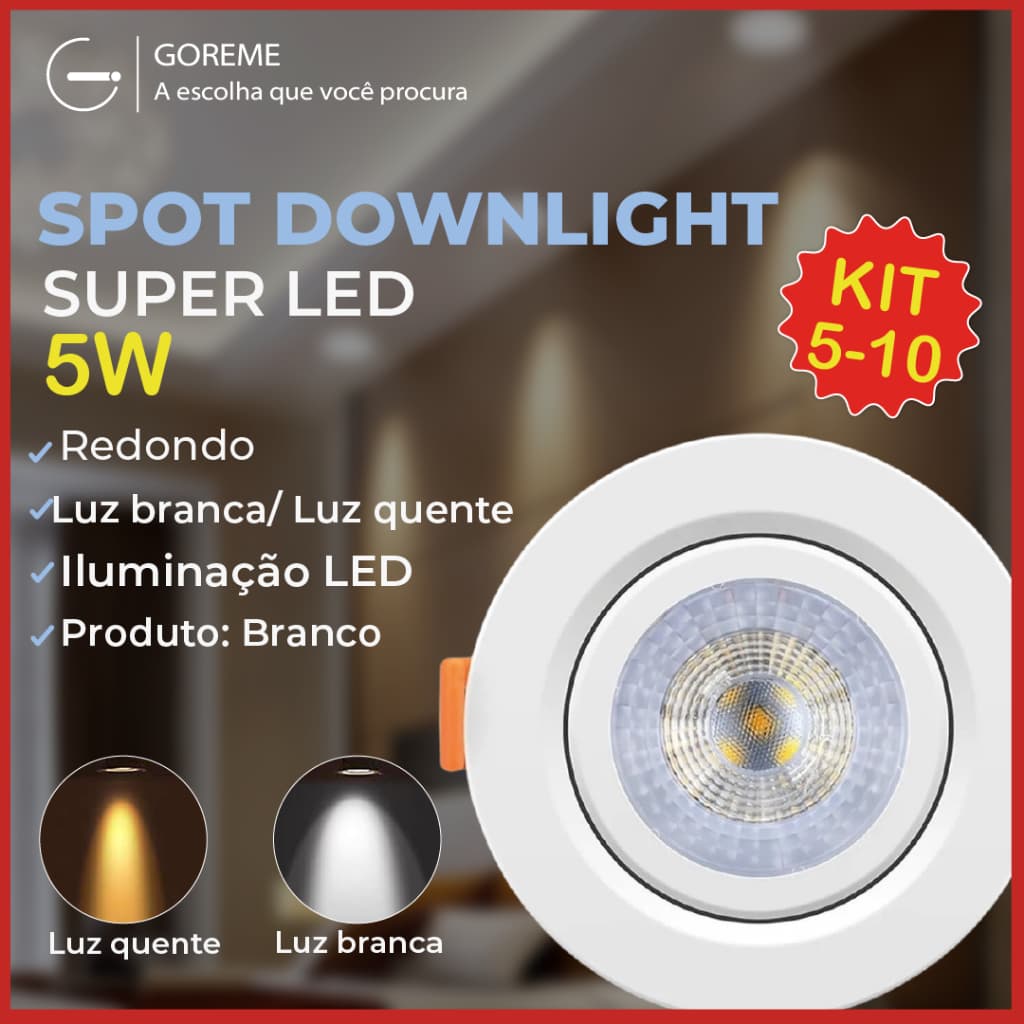 Kit 10 Luminária Spot Led Redondo Direcionável 5W Embutir Gesso Teto Luz Fria ou Quente Bivolt Spot