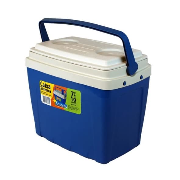 Caixa térmica Cooler 7 Litros ou 10 Latas 350 ml Azul Tampa Porta Objetos e Alça Com Trava