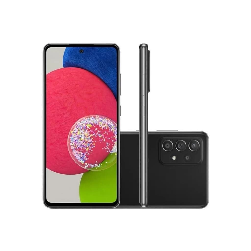 Samsung Galaxy A52S 128GB, smartphone com câmera tripla e flash LED, cor preta e detalhes em prata, fundo branco.