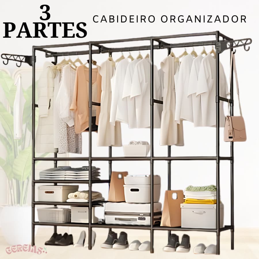 Arara Tripla Com Prateleiras Suporte Para Cabide Multiuso Para Roupas e Objetos