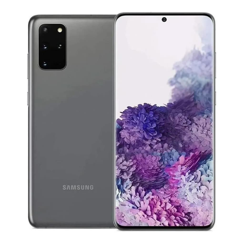 Smartphone Samsung Galaxy S20 Plus cinza com padrão floral na tela