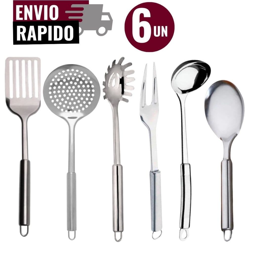 Jogo de utensílios de cozinha inox com espátula, escumadeira, pegador, garfo, trinchante e concha