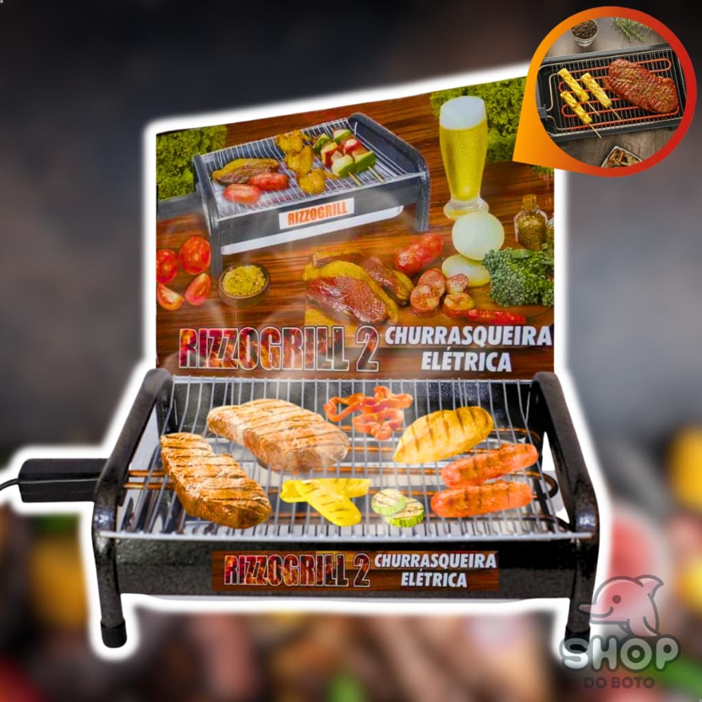 Churrasqueira elétrica portátil RIZZOGRILL com grelha e alimentos grelhados