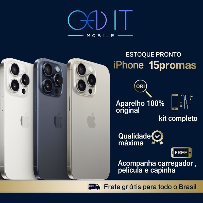 iPhones 15 Pro em branco, cinza e prata com banner promocional Gadit Mobile