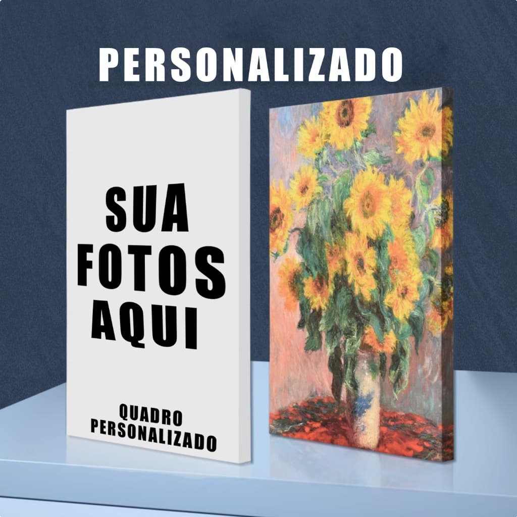 Quadro decorativo personalizado com girassóis e livro branco 'Sua Fotos Aqui' em fundo azul