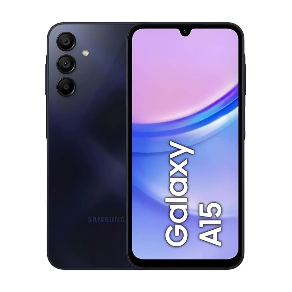 Smartphone Samsung Galaxy A15 4G preto com 128GB e 4GB RAM, tela com texto Galaxy A15, três câmeras traseiras e logo Samsung.