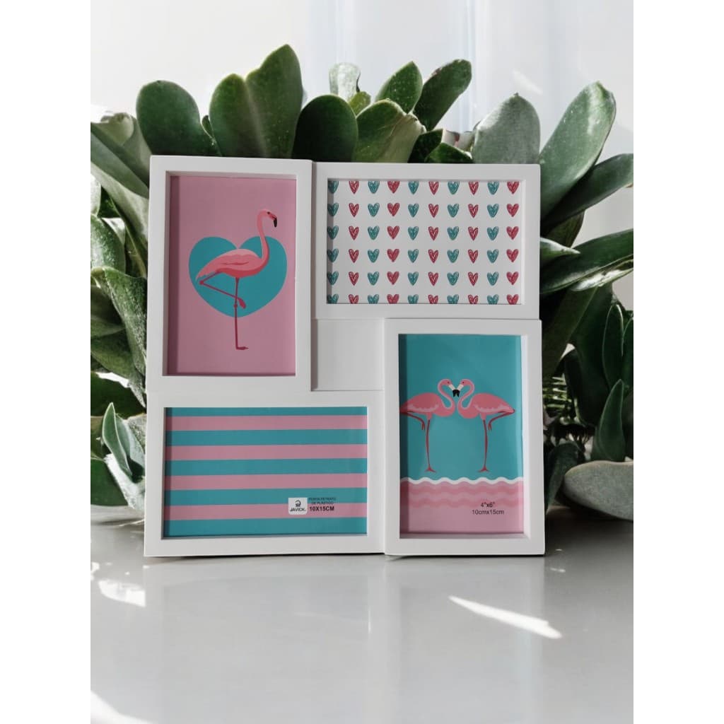 Porta Retrato Branco com Desenhos de Flamingo e Corações para Fotos 10x15 cm e 15x10 cm