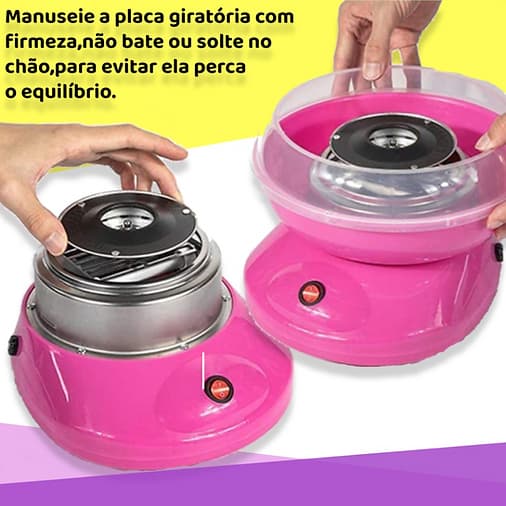 Máquinas de algodão doce rosas para festas com tampa transparente e botões vermelhos e pretos.