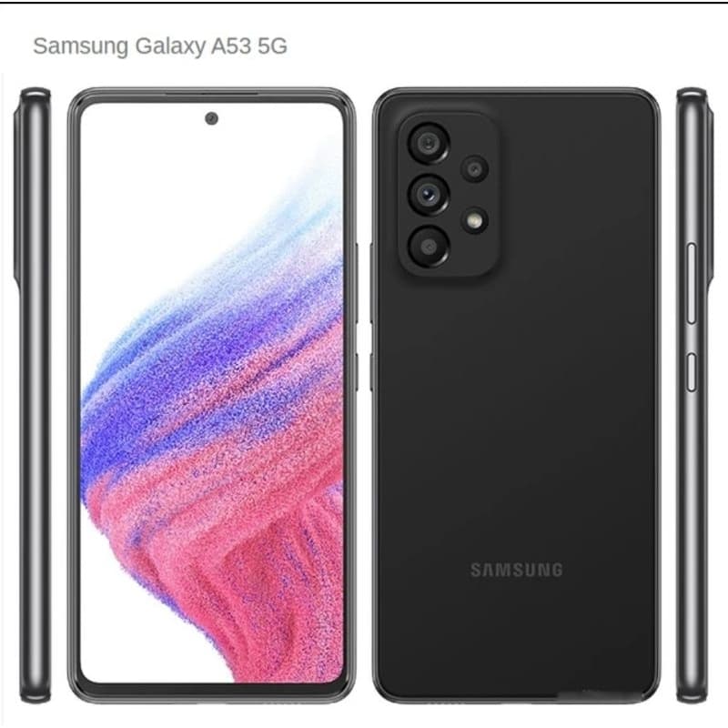 Samsung Galaxy A53 5G, smartphone com tela multicolorida e câmera quadrupla, fundo branco