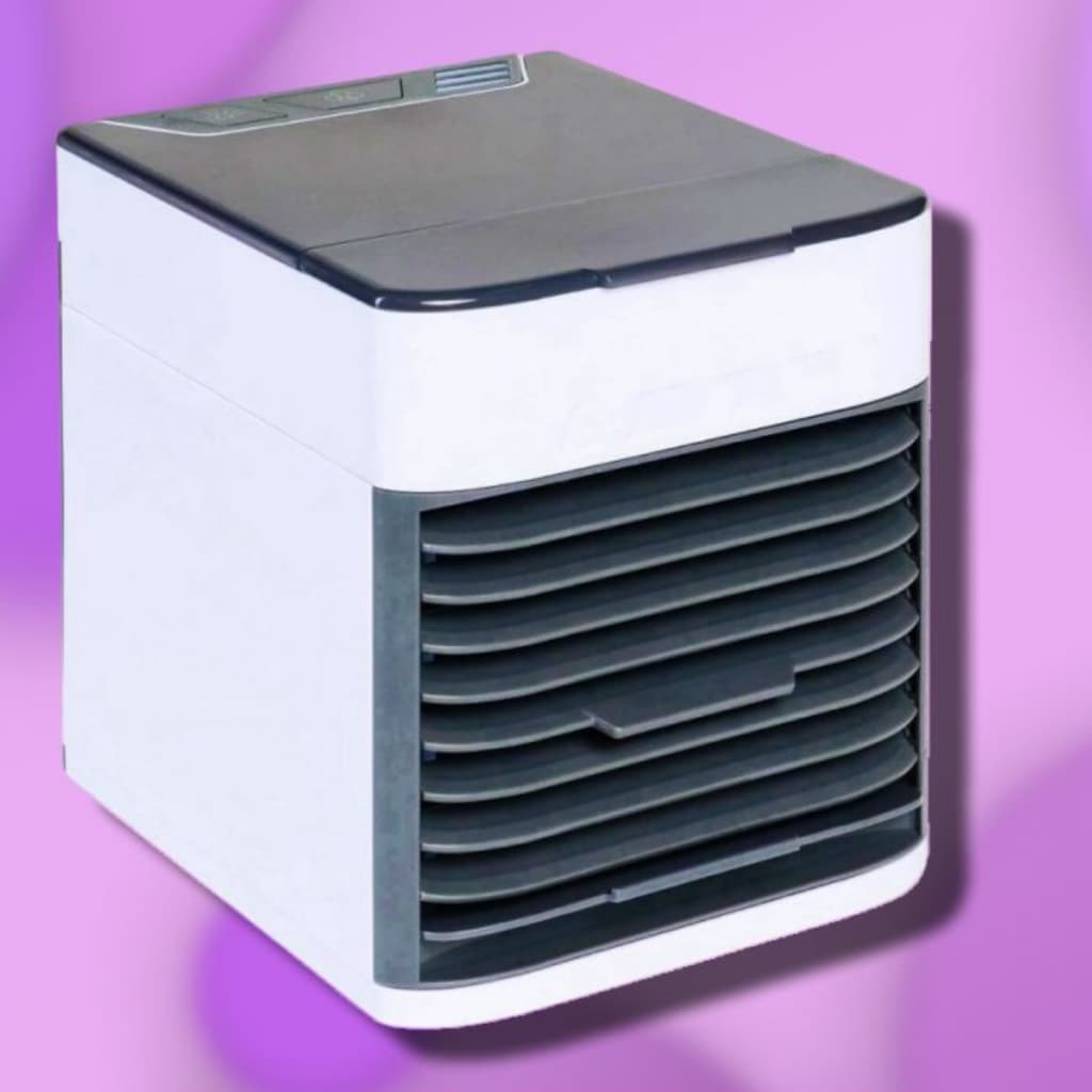 Ar condicionado portátil branco e cinza em fundo roxo, fácil de transportar com grade de ventilação e botões de controle.